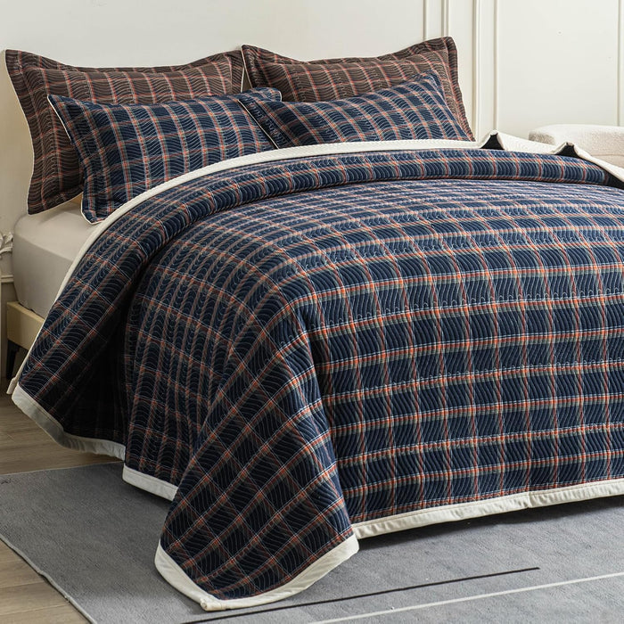 Cotton Plaid Quilt Set, Ultra Soft 3 Pieces Queen Size Bedding with 2 Pillow Shams, Lightweight Reversible Coverlet Bedspread with Wave Quilting for Summer, 90"x96", Grid-Beige Blue