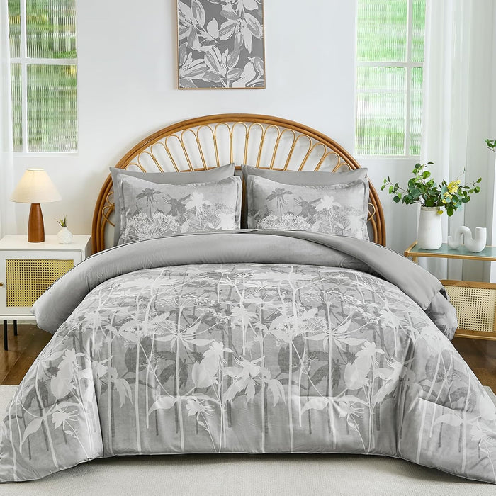 Drucon Comforter Set King Size, 7 Pieces Sage Green Floral Comforter Sets, Reversible Botanical Bed in a Bag Soft Lightweight Microfiber Bedding Sets for All Seasons (90"x104")