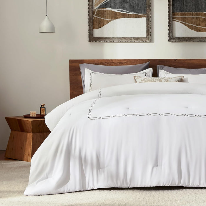 SLEEP ZONE Luxury Hotel Bedding Comforter Set 3-Piece Machine Washable, Lightweight Down Alternative Duvet Insert with Embroidered Stripes, Queen (90" x 95"), Navy Strips