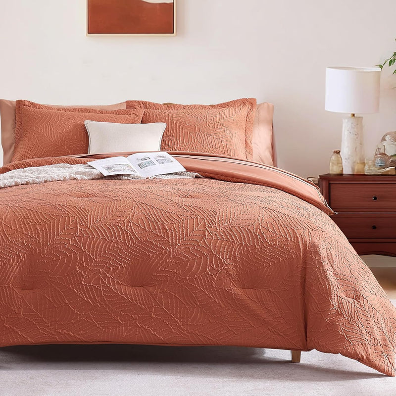 Geniospin Queen Comforter Set - 7 Pieces Brown Textured Queen Bedding Sets with Comforter, Sheets, Pillowcases & Shams，All Season Brown Bedding