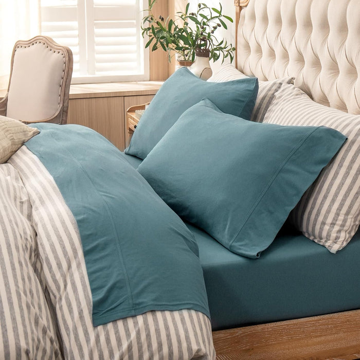PURE ERA Jersey Knit 4pc Bed Sheet Set 100% T-Shirt Cotton Super Soft Comfy Breathable Fits Mattress Up to 20" Extra Deep Pocket (Solid Bright White, Queen)
