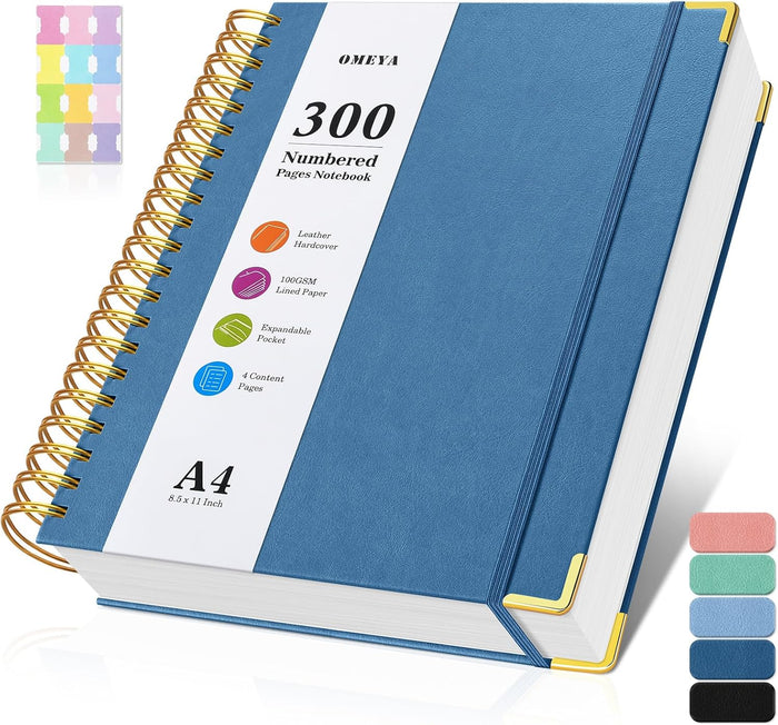 Spiral Notebook 8.5" x 11", 300 Numbered Pages Notebooks College Ruled with Contens, 100GSM Thick Journal for Women Men, Hardcover Leather Lined Journal for Writing, Large A4 Notebooks for Work School