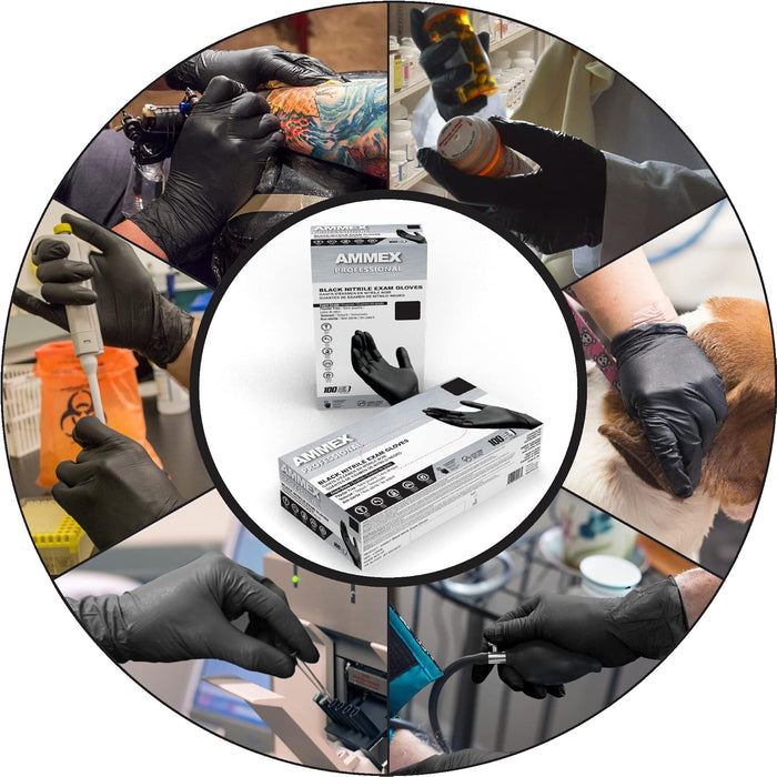 AMMEX Black Nitrile Exam Gloves, Box of 100, 3 Mil, Size Small, Latex Free, Powder Free, Textured, Disposable, Non-Sterile, Food Safe, ABNPF42100BX