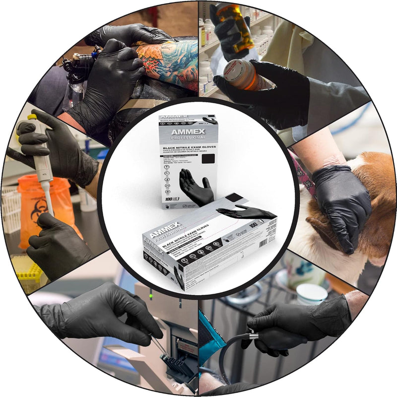 AMMEX Black Nitrile Exam Gloves, Box of 100, 3 Mil, Size Small, Latex Free, Powder Free, Textured, Disposable, Non-Sterile, Food Safe, ABNPF42100BX