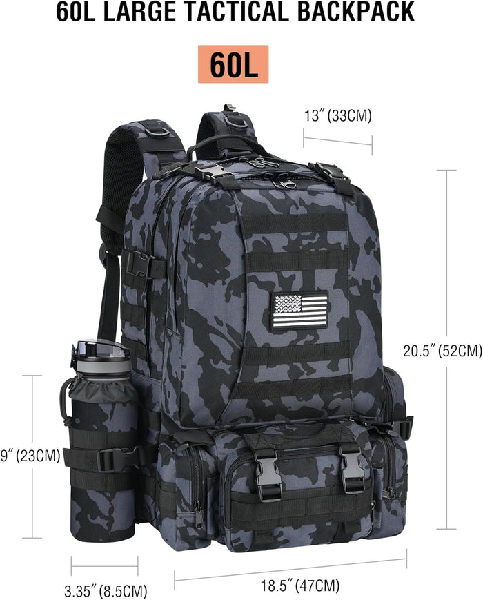 NOOLA 60L Military Tactical Backpack for Men Army 3 Day Assault Pack Large Camping Detachable Rucksack with Bottle Holder
