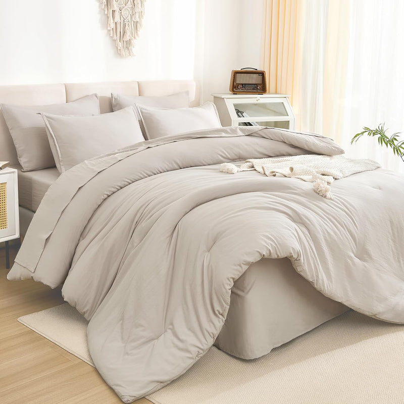 Litanika Comforters Queen Size Set Oatmeal - 7 Pieces Bed in a Bag Queen Bedding Comforter Sets, Plain Lightweight Bed Set with Comforter, Sheets, Pillowcases & Shams
