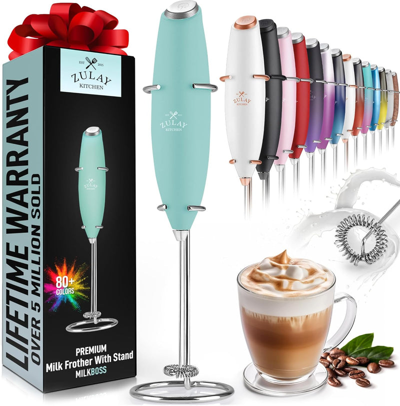 Zulay Kitchen Powerful Milk Frother Wand With 2 Duracell Batteries - Ultra Fast Handheld Drink Mixer - Electric Whisk Foam Maker for Coffee, Lattes, Cappuccino, Matcha, Hot Chocolate & Creamer - Black