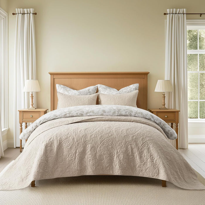 EVERGRACE 100% Cotton Paisley Quilt Set, King Size 3 Piece Set – Prewashed Lightweight Bedspread with 2 Shams, Soft & Breathable Matelasse Coverlet for All-Season Comfort, Flax Beige