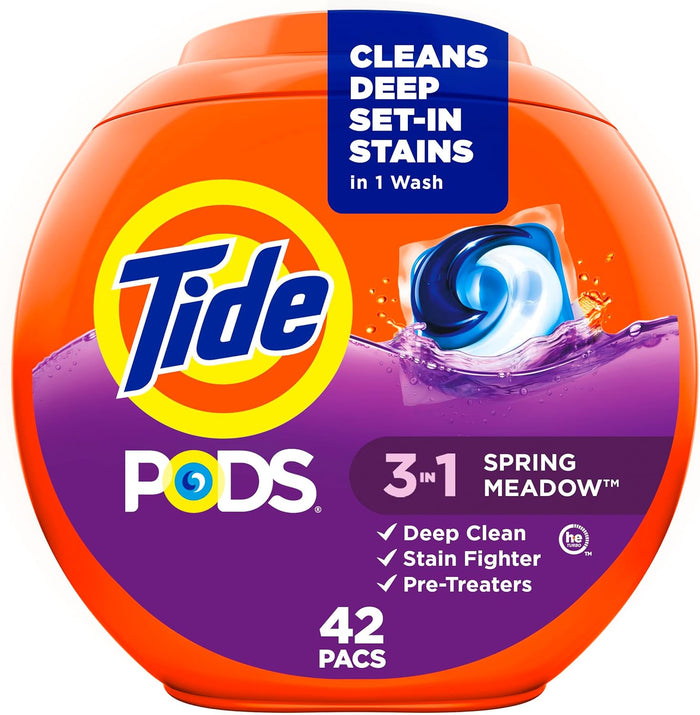 Tide PODS Liquid Laundry Detergent Soap Pacs, HE Compatible, Powerful 3-in-1 Clean in one Step, Built in Stain Removers, Spring Meadow Scent, 76 Count