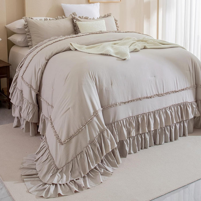 Queen's House Light Blue Farmhouse Ruffled King Size Comforter Set,Lightweight Microfiber Inner Fill Fluffy Boho Chic Bedding Comforter,Ultra Soft Microfiber Inner Fill Bedding