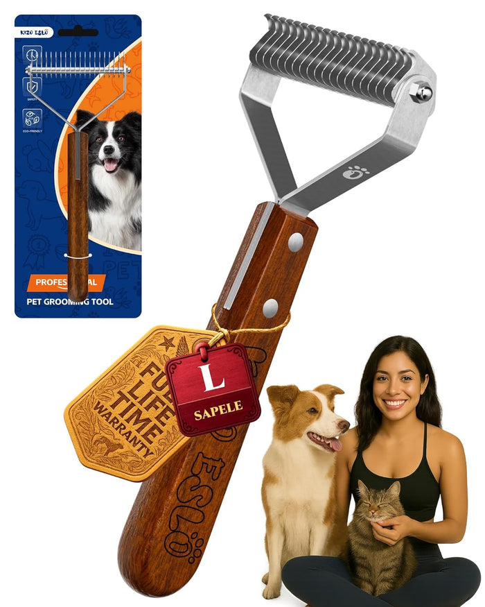 Extra Large 2-Sided Undercoat Rake for Dogs & Cats, Dog Brush for Shedding Remove Mats, Dematting Comb, Safe&Gentle Grooming Brush for German Shepherds Medium to Long-Haired Pets,Premium Wooden Handle