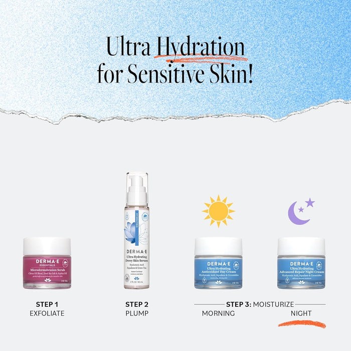 Derma E Ultra Hydrating Night Cream, Advanced Repair Overnight Face Moisturizer with Hyaluronic Acid to Replenish, Smooth and Nourish Skin, 2 oz
