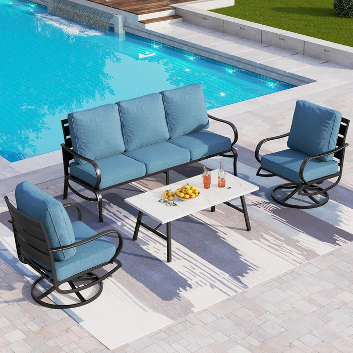 PHI VILLA 4 Piece Patio Furniture Sets for 5 Person with 1 x 3-Seat Deep Seating Bench, 2 x Cushioned Swivel Sofa Chairs & 1 x Coffee Table, Outdoor Metal Conversation Set for Lawn Garden, Red