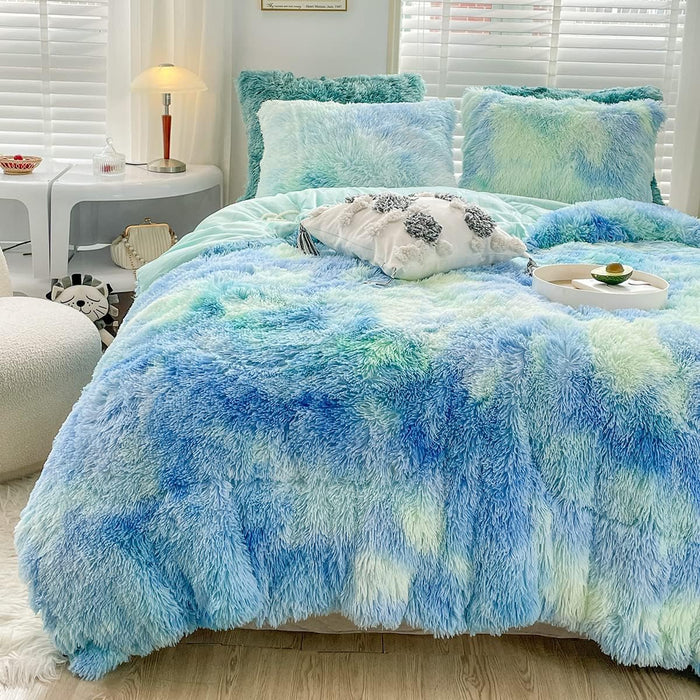 Wajade Faux Fur Plush Rainbow Comforter Set Fluffy Fuzzy Shaggy Bedding Set - 3PC Full Size Microfiber Soft Warm Quilt Set