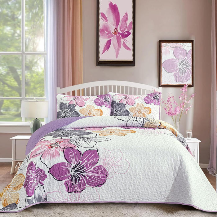 DJY 3 Pieces Quilt Set King Blue Floral Pattern Quilt Coverlet Elegant Bohemian Bedspread with 2 Pillow Shams Soft Lightweight Bedding Quilt Set for Adults (Blue, 104"x90")
