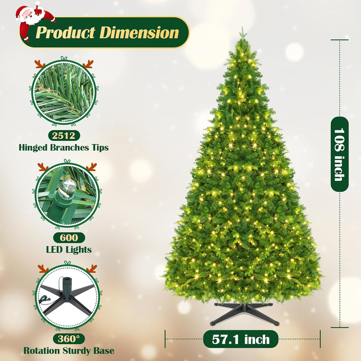 9FT Pre-Lit Rotating Artificial Christmas Tree, Deluxe Green PE & PVC Xmas Tree with Remote, Multicolor Musical LED Lights Strip with Flash Modes, Holiday Home Decor