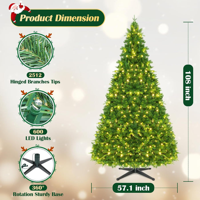 9FT Pre-Lit Rotating Artificial Christmas Tree, Deluxe Green PE & PVC Xmas Tree with Remote, Multicolor Musical LED Lights Strip with Flash Modes, Holiday Home Decor