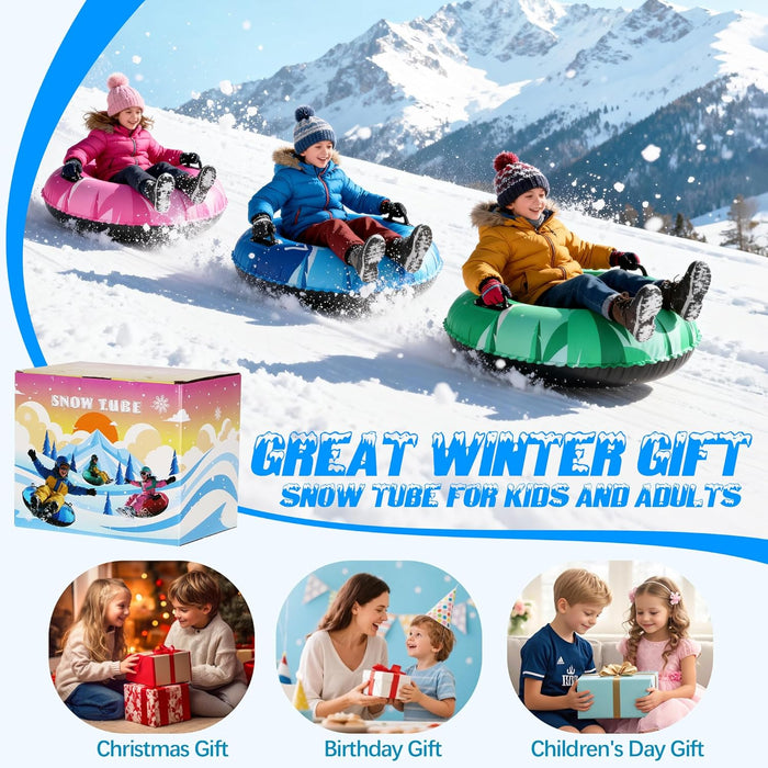 36 Inch Inflatable PVC Snow Tubes for Adults & Kids - Family Outdoor Winter Sledding Set with Thickened Hard Bottom & Handles for Safe Winter Snow Sports Fun