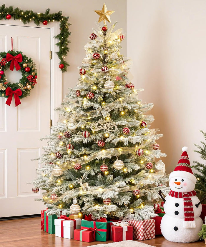 Decoway 7ft Artificial Christmas Tree, Unlit Snow Flocked Xmas Tree with 2364 Branch Tips and Sturdy Metal Stand for Indoor Outdoor Home Decoration