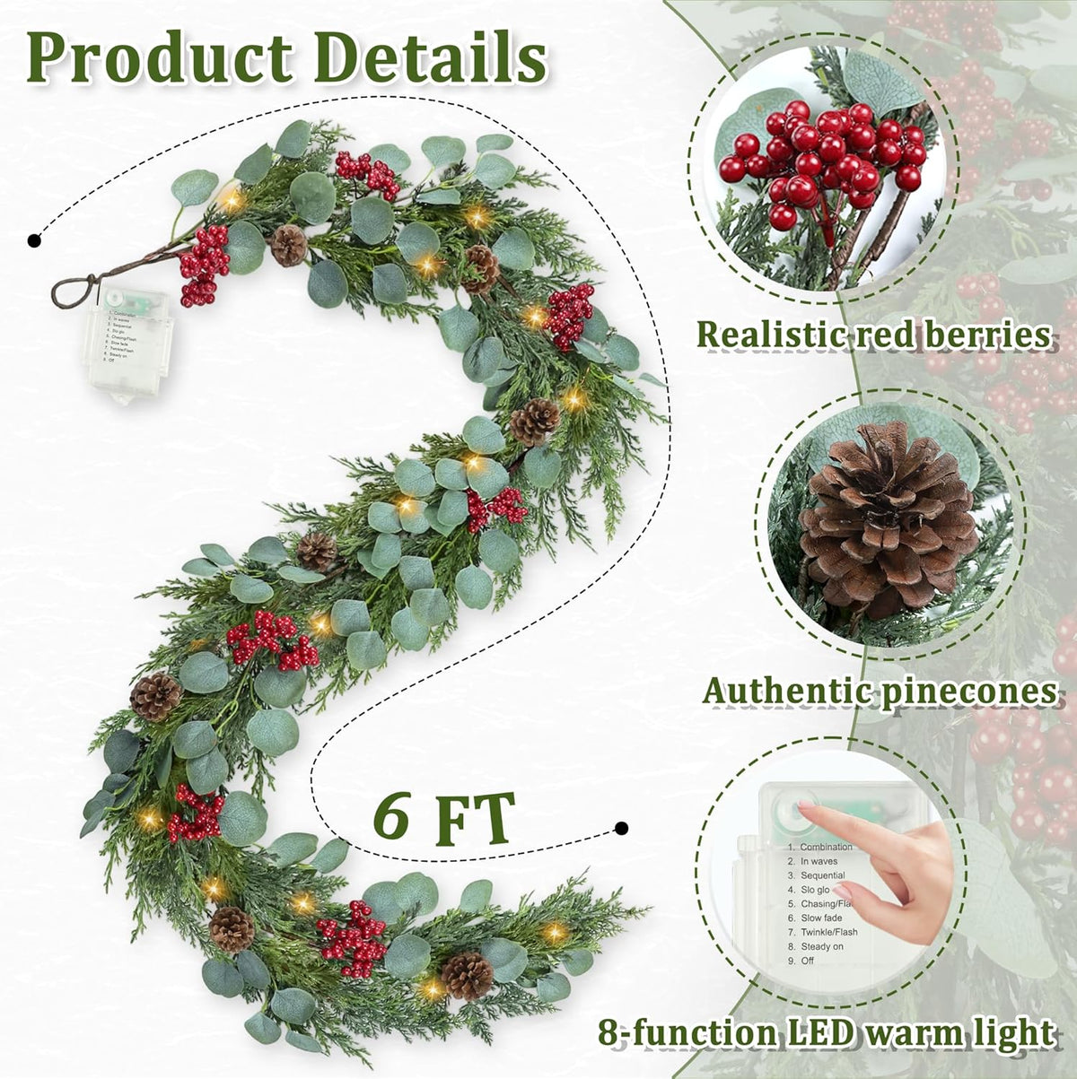 6FT Christmas Garland with Lights Artificial Pine Cypress Eucalyptus Garland with Red Berries Christmas Tips Cedar Garlands,Christmas Decorations Holiday Indoor Outdoor Winter Garland