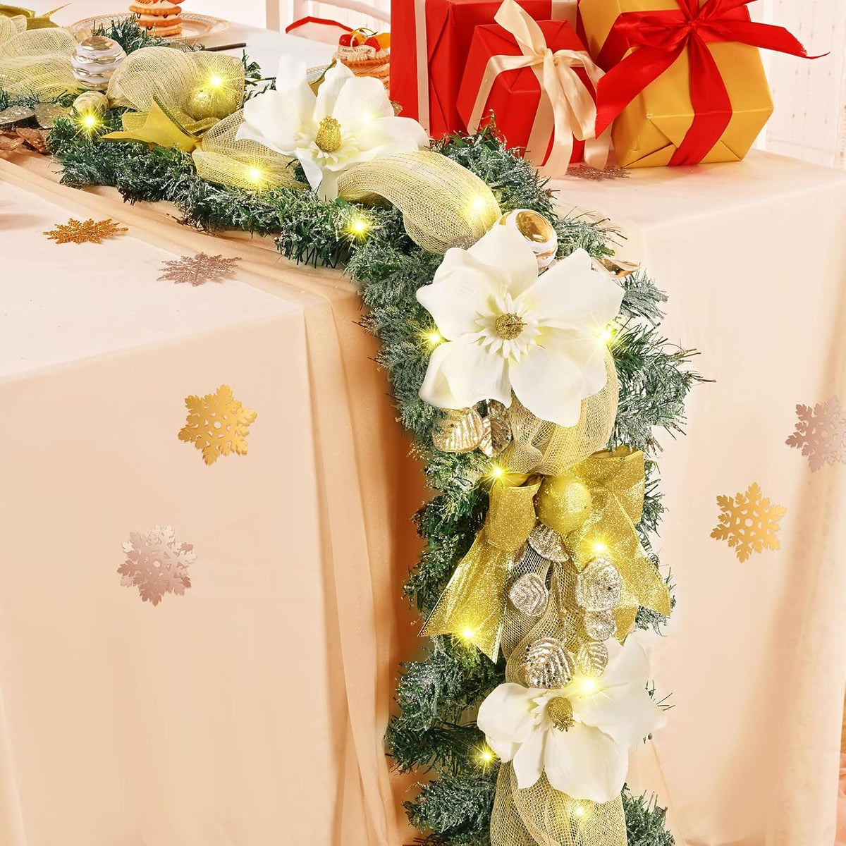Christmas Garland with Lights, 5.9 FT Luxury Christmas Garland for Mantle, Christmas Flocked Garland with Gold Bows Ribbons Magnolia for Front Door Fireplace Table Home Decor