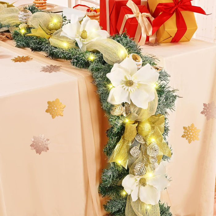 Christmas Garland with Lights, 5.9 FT Luxury Christmas Garland for Mantle, Christmas Flocked Garland with Gold Bows Ribbons Magnolia for Front Door Fireplace Table Home Decor