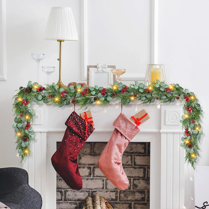 6FT Christmas Garland with Lights Artificial Pine Cypress Eucalyptus Garland with Red Berries Christmas Tips Cedar Garlands,Christmas Decorations Holiday Indoor Outdoor Winter Garland