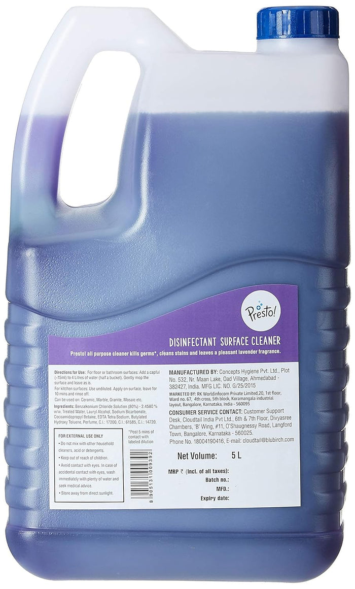 Amazon Brand - Presto! Disinfectant Surface & Floor Cleaner Liquid | Lavendar | 5 Litre | 1 Can | Kills 99.9% Germs | Removes Stains | Safe On Hands