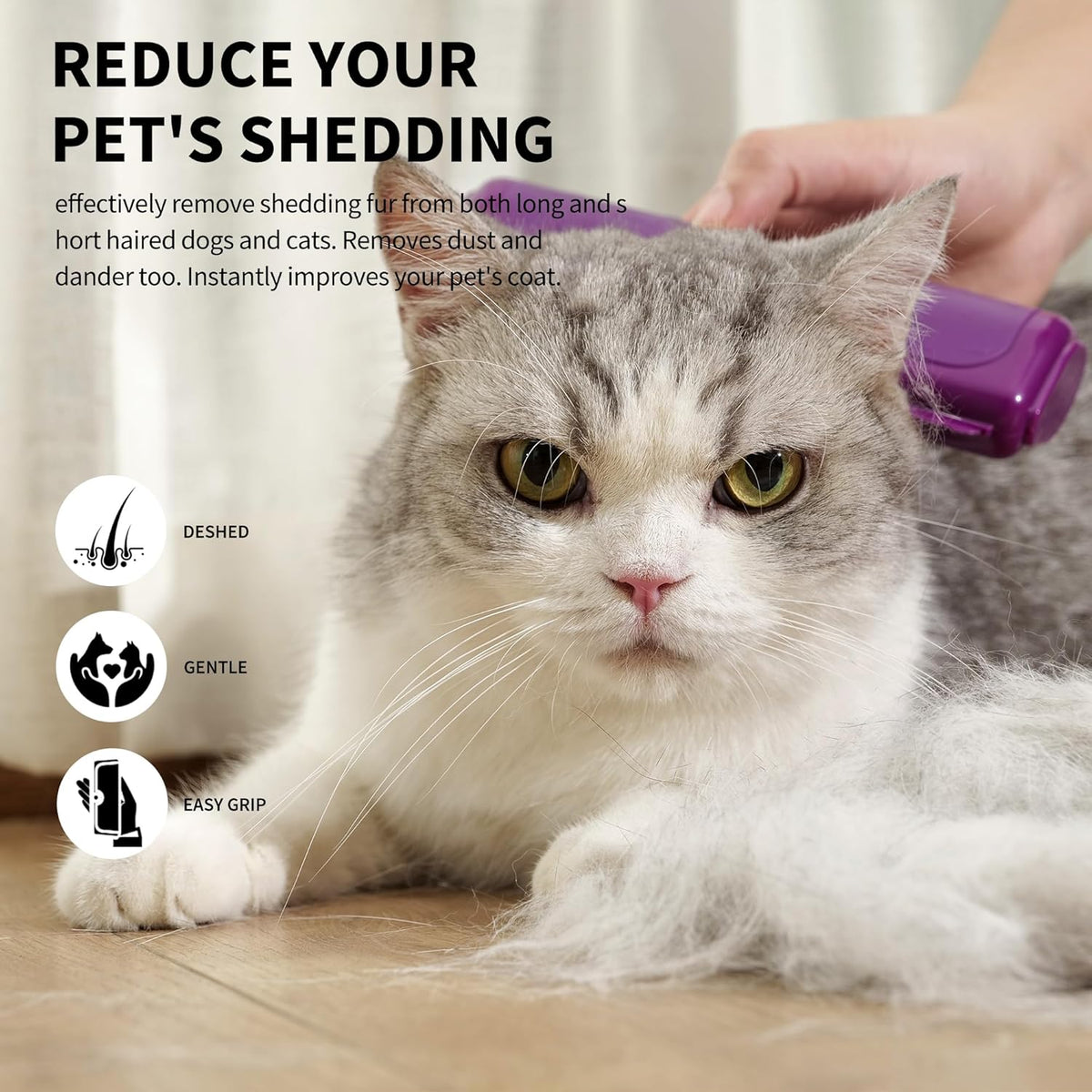 Cat & Dog Deshedding Brush – Purple Grooming Tool for Cats & Dogs, Gentle Fur Remover Comb, Comfortable Anti-Slip Handle, Easy to Clean