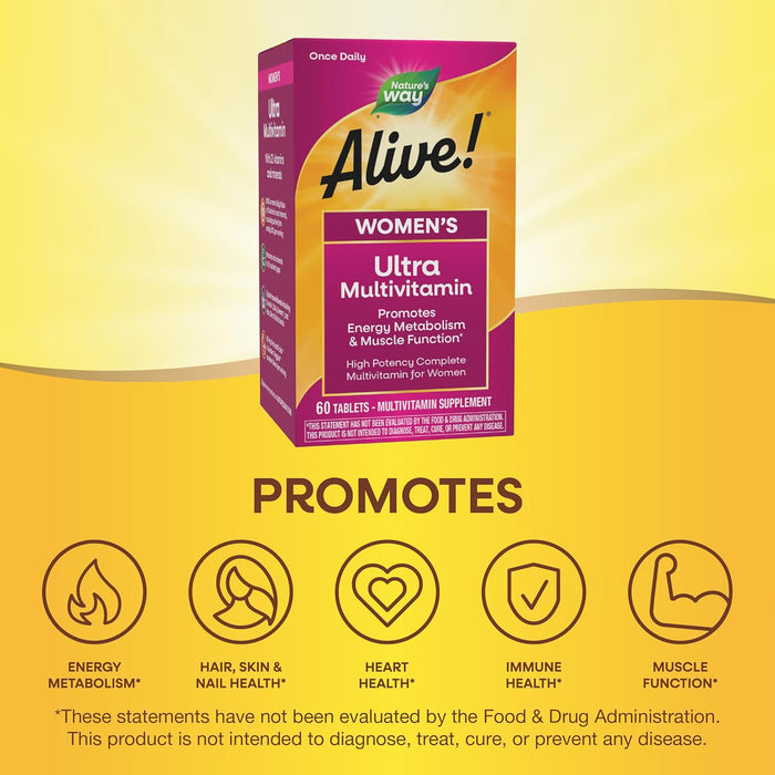 Nature's Way Alive! Women's Daily Ultra Multivitamin, High Potency Formula, Promotes Energy Metabolism and Muscle Function*, Women's Vitamins, Methylated Vitamin B12, 60 tablets