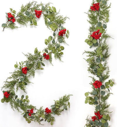 TOCHGREEN 2 Pack Artificial Christmas Garland Pine Cypress Greenery Hanging Garland with Red Berries Winter Pine Garland for Holiday Home Mantle Table Outdoor Indoor Christmas Decorations