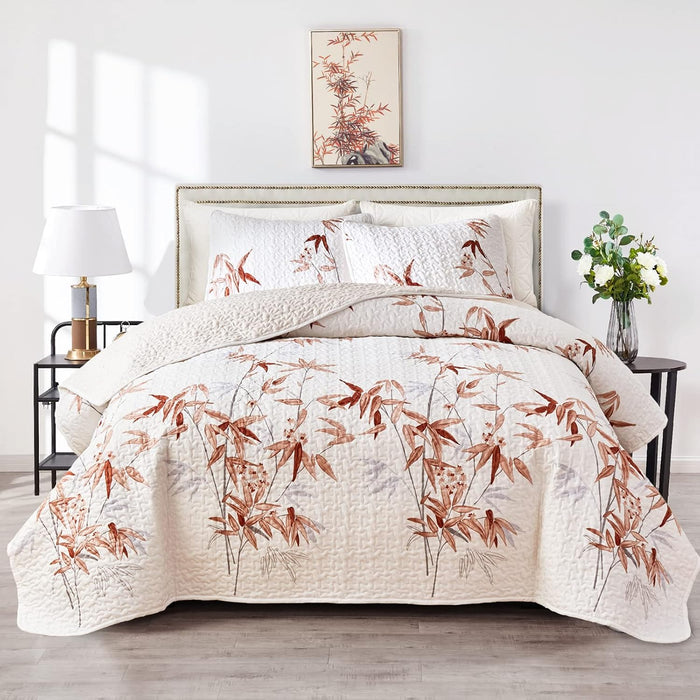 Flysheep 3 Pieces Quilt Set Full/Queen Size, Beige Floral Reversible Bedspread Coverlet Set, Soft Microfiber Lightweight Bed Cover for All Season (90" x 90", 1 Quilt+ 2 Pillow Shams)