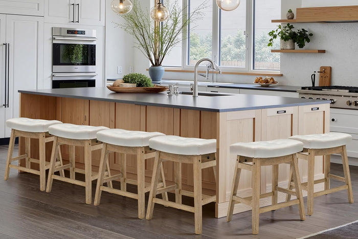Counter Height Bar Stools Set of 3 for Kitchen Counter Farmhouse Modern Barstools with Faux Leather Upholstered Backless Seat and Solid Wood Legs 24 inch Bar Chairs, Grey + White