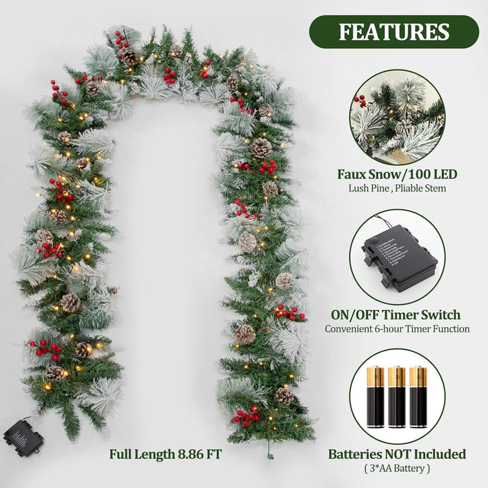 HOHOTIME 9ft Christmas Garland with Lights, Artificial Prelit Pine Garland with Snow Berry Pine Cone for Mantle Xmas Decor, Christmas Decorations for Stairs Railing Fireplace Window Indoor Outdoor