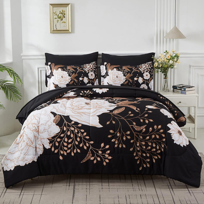 Yogeneg Queen Comforter Set 7 Piece Bed in a Bag,Elegant Floral Botanical Pattern Pink Bedding Set,Soft Microfiber Comforter with Sheet Set,All Season Bed Set(Blush Floral,Queen)