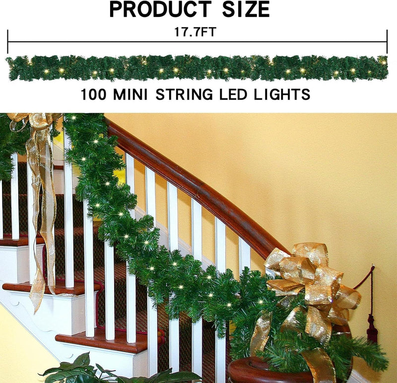MorTime 17.7 FT LED Christmas Garland, Pre-Lit Artificial Garland for Indoor Outdoor Christmas Decorations Multi-Function Christmas Garland with 100 Warm White LED Lights
