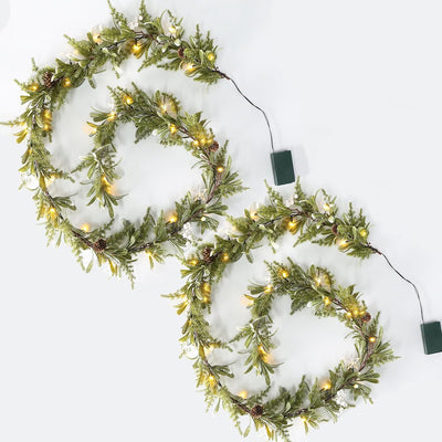 6FT Pre-lit Two-Tone Olive Christmas Garland Set of 2 Battery Operated Artificial Greenery Winter Mistletoe Garland with Timer for Mantle, Stairs Railing, Patio,Table, Window, Front Door Holiday