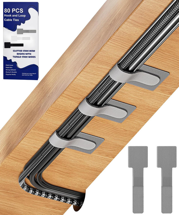 80PCS Hook and Loop Cable Ties, Hook and Loop Cable Straps, Under Desk Cable Management, Adhesive Cable Clips, Sticky-Back Cord Organizer for Desk, Household & Office Organization (White+Gray)