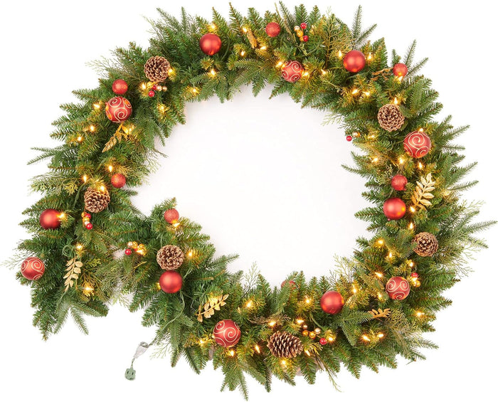 9Ft Pre-Lit Christmas Garland, Plug in, Green, 50 Clear Lights, Fireplace Stairs Mantle Door Indoor Outdoor, Decorated with Pine Cones
