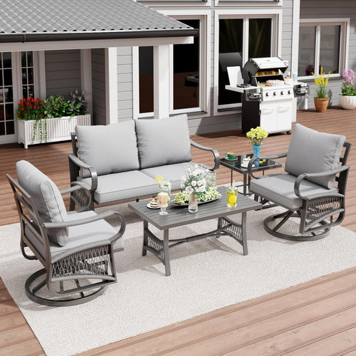 5 Piece Patio Furniture Set, Outdoor All Weather Conversation Sofa Set with 2 Swivel Chairs, Rope Braided Design and Thick Cushions for Garden, Porch, Lawn, Beige