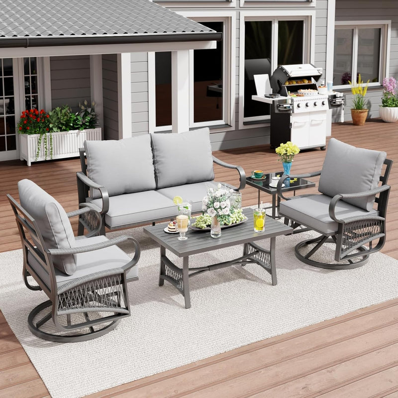 5 Piece Patio Furniture Set, Outdoor All Weather Conversation Sofa Set with 2 Swivel Chairs, Rope Braided Design and Thick Cushions for Garden, Porch, Lawn, Beige