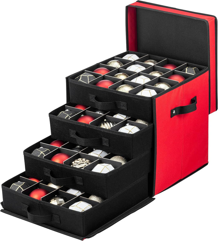 ZOBER Christmas Ornament Storage Box - Stores 128 3" Ornaments with Drawer Style Trays - Tear Proof 600D Oxford Fabric - Ornament Organizer Storage Box, Durable Christmas Containers Holder - Red