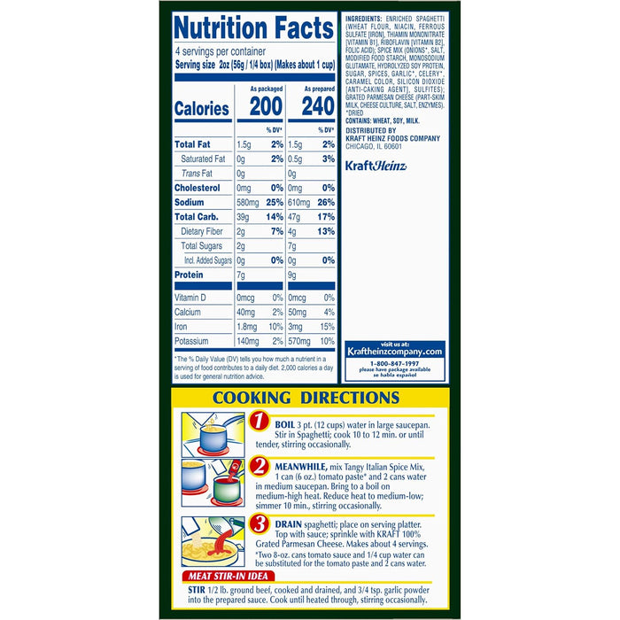 Kraft Spaghetti Classics Tangy Italian Spaghetti, Spices, & Parmesan Cheese Meal Mix, 8 oz Box
