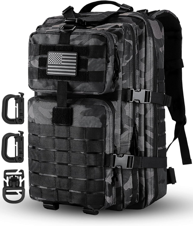 MOLLE Assault Backpack, Tactical Backpack Military Army Camping Rucksack, 3-Day Pack Trip w/USA Flag Patch, D-Rings, Black