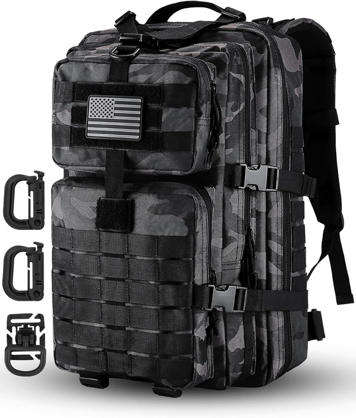 MOLLE Assault Backpack, Tactical Backpack Military Army Camping Rucksack, 3-Day Pack Trip w/USA Flag Patch, D-Rings, Black