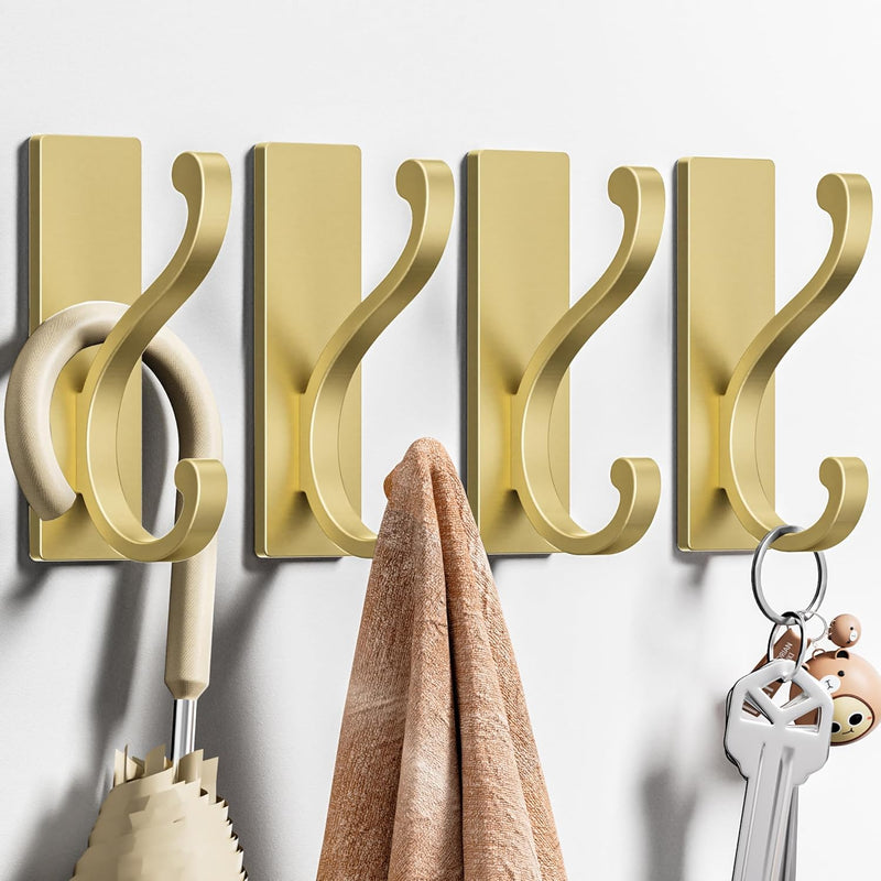 6 Pack Self Adhesive Coat Hooks - Gold Wall Hooks Wall Mount for Clothes, Towel, Robes, Keys, Purse, Backpack, Heavy Duty Hooks for Door Kitchen Bathroom Shower Rental Houses, Hold 13lbs.