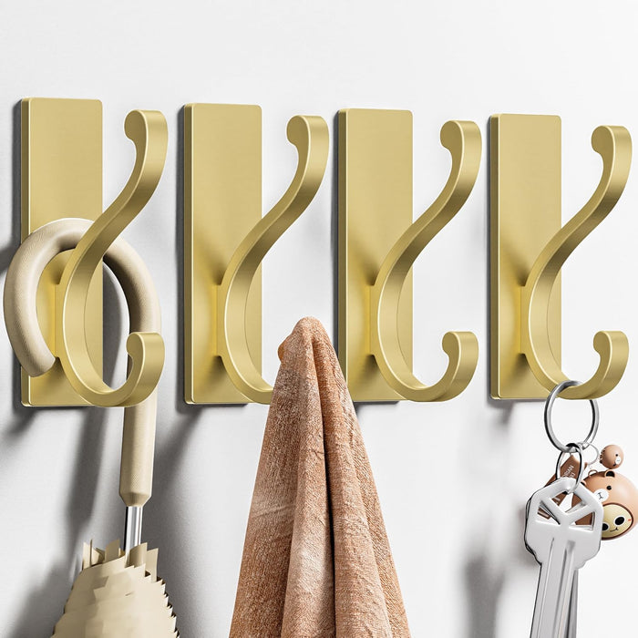 6 Pack Self Adhesive Coat Hooks - Gold Wall Hooks Wall Mount for Clothes, Towel, Robes, Keys, Purse, Backpack, Heavy Duty Hooks for Door Kitchen Bathroom Shower Rental Houses, Hold 13lbs.