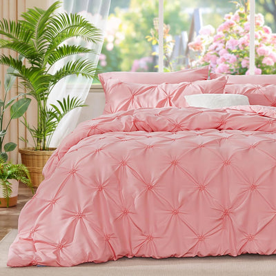 BEDELITE Pink Twin Comforter Set - 2 Peices Boho Pintuck Bedding Comforter Sets, Lightweight Soft & Warm Twin Bedding Sets with 1 Pillowcase for All Season