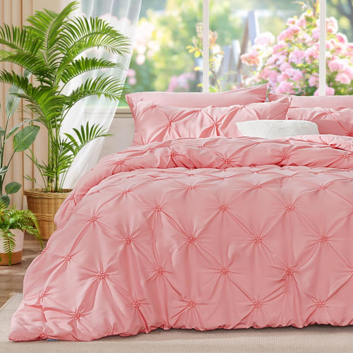 BEDELITE Pink Twin Comforter Set - 2 Peices Boho Pintuck Bedding Comforter Sets, Lightweight Soft & Warm Twin Bedding Sets with 1 Pillowcase for All Season