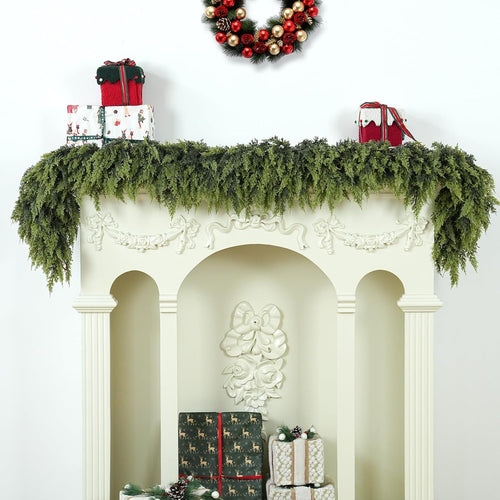 9FT 1Pcs Christmas Cedar Garland Artificial Realistic Soft Thick Green Faux Lush Cedar Pine Garland for Fireplace Mantel Stairs Doorframe Table Porch Indoor Outdoor Holiday Decor